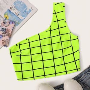 Neon checkered asymmetric crop top